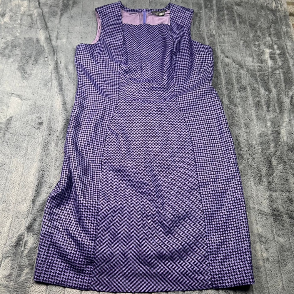 Per Se Purple Houndstooth Wool Sheath Dress Sleeveless Size 18 Square Neck
